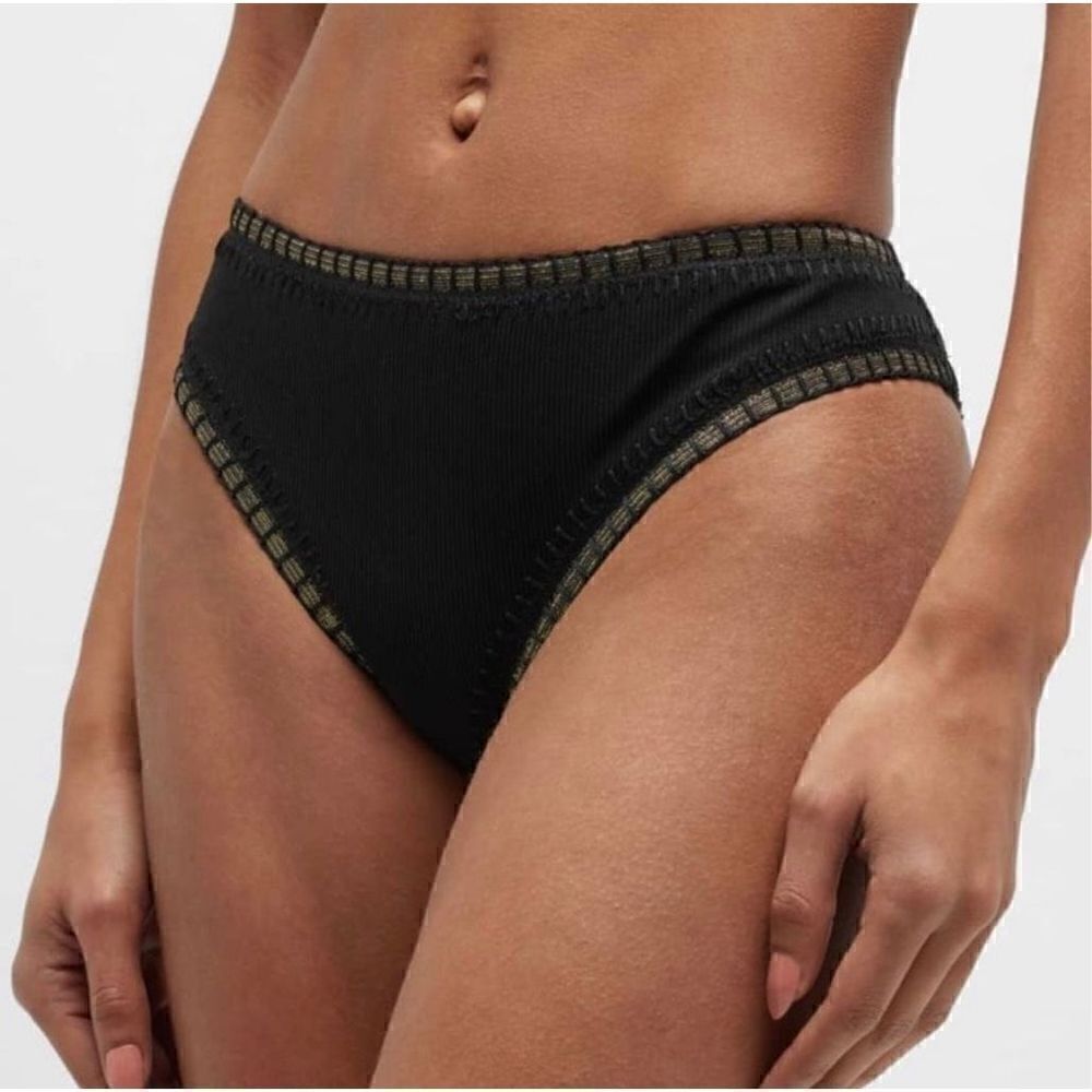 NWT Platinum By Solange Ferrarini Crochet Trim Swim Bikini Bottom Black Gold S
